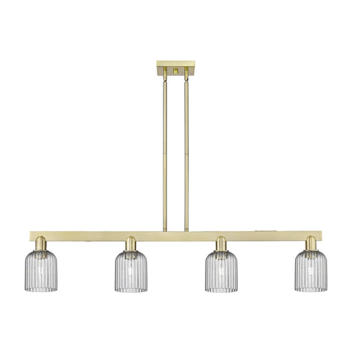 Innovations Bridal Veil 48in 4-Light Island Light | Industrial Antique Brass Steel and Light Smoke Ribbed Glass | Kitchen | Model 716-4I-AB-G559-5SM