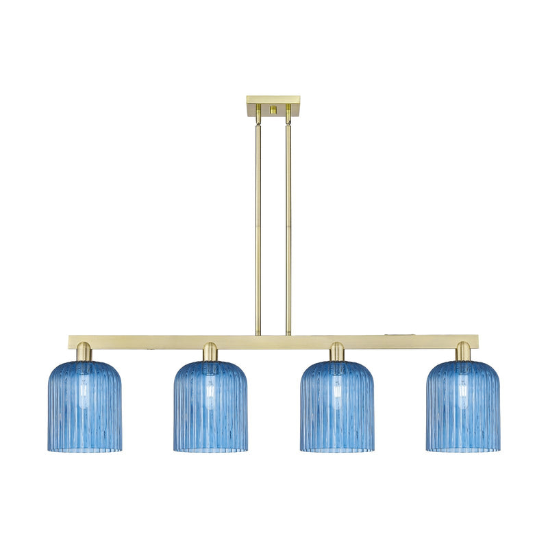 Innovations Bridal Veil 51in 4-Light Island Light | Industrial Antique Brass Steel and Princess Blue Ribbed Glass | Kitchen | Model 716-4I-AB-G559-8BL
