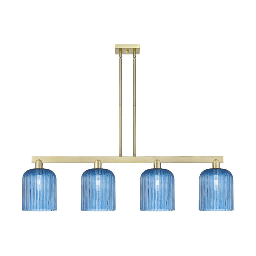 Innovations Bridal Veil 51in 4-Light Island Light | Industrial Antique Brass Steel and Princess Blue Ribbed Glass | Kitchen | Model 716-4I-AB-G559-8BL