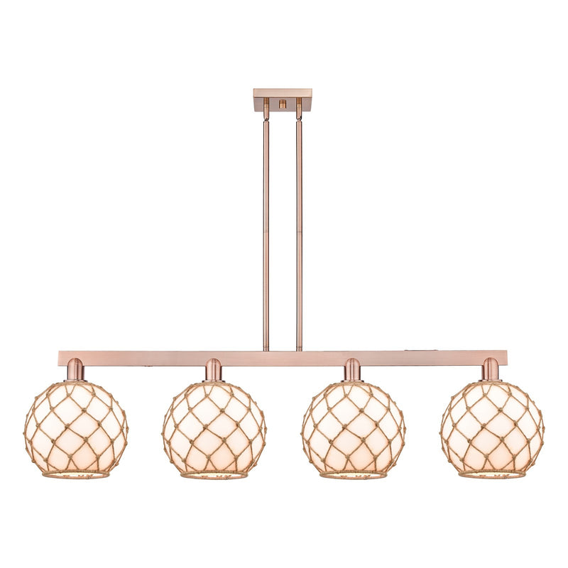 Innovations Farmhouse Rope 53in 4-Light Island Light | Industrial Antique Copper Steel and Matte White Glass with Rope | Model 716-4I-AC-G121-10RB