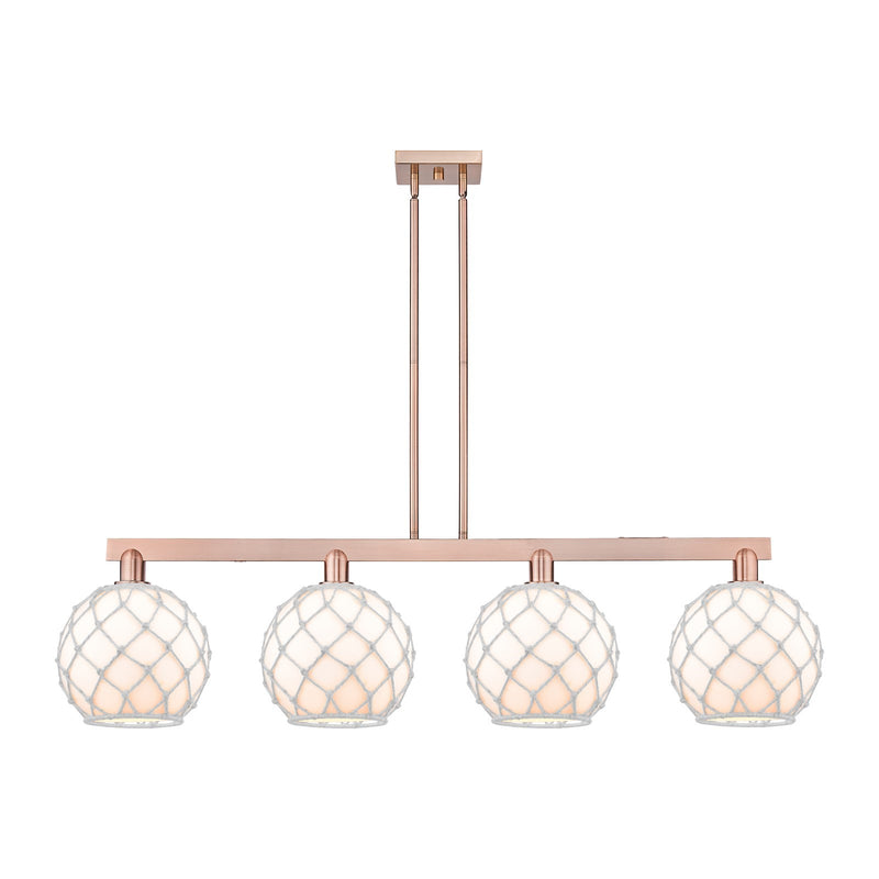 Innovations Farmhouse Rope 53in 4-Light Island Light | Industrial Antique Copper Steel and White Glass with Rope | Kitchen | Model 716-4I-AC-G121-10RW