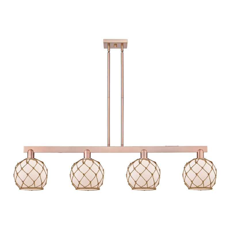 Innovations Farmhouse Rope 51in 4-Light Island Light | Industrial Antique Copper Steel and White Frosted Glass with Brown Rope | Model 716-4I-AC-G121-8RB