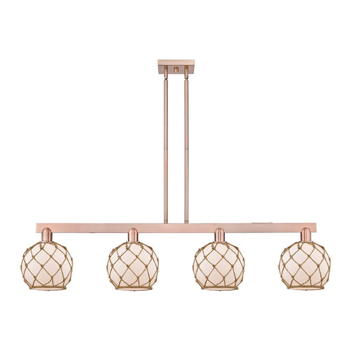 Innovations Farmhouse Rope 51in 4-Light Island Light | Industrial Antique Copper Steel and White Frosted Glass with Brown Rope | Model 716-4I-AC-G121-8RB