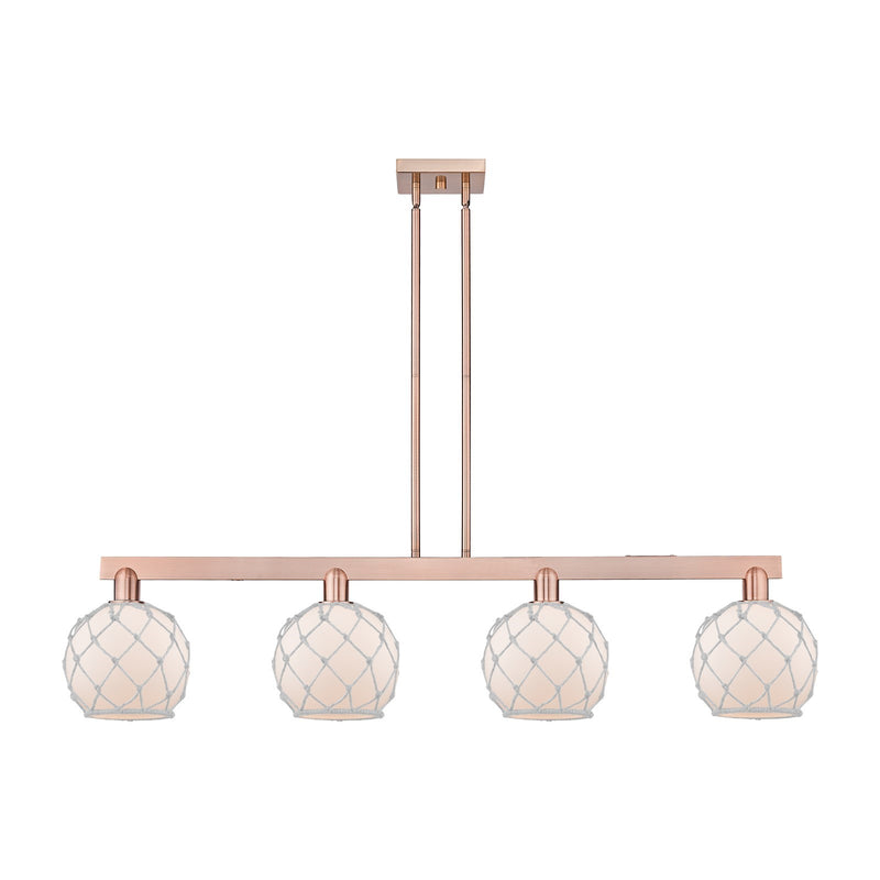 Innovations Farmhouse Rope 51in 4-Light Island Light | Industrial Antique Copper Steel and White Frosted Glass with Rope | Model 716-4I-AC-G121-8RW