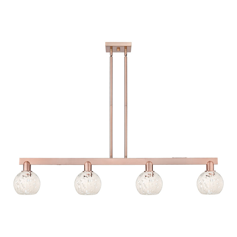 Innovations Lighting White Mouchette 49in 4-Light Island Light | Industrial Antique Copper and White Mouchette Glass | Kitchen | Model 716-4I-AC-G1216-6WM