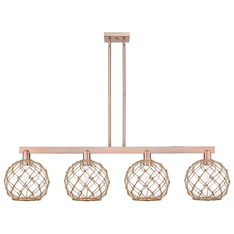 Innovations Farmhouse Rope 53in 4-Light Island Light | Industrial Antique Copper Steel and Clear Glass with Brown Rope | Model 716-4I-AC-G122-10RB