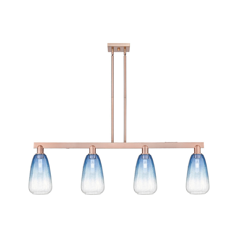 Innovations Brookhaven Almond 49in 4-Light Island Light | Industrial Antique Copper Steel and Sapphire Blue Glass | Kitchen | Model 716-4I-AC-G480-6SB