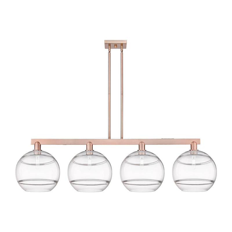 Innovations Rochester 55in 4-Light Island Light | Industrial Antique Copper Steel and Clear Glass | Kitchen Island & Dining | Model 716-4I-AC-G556-12CL