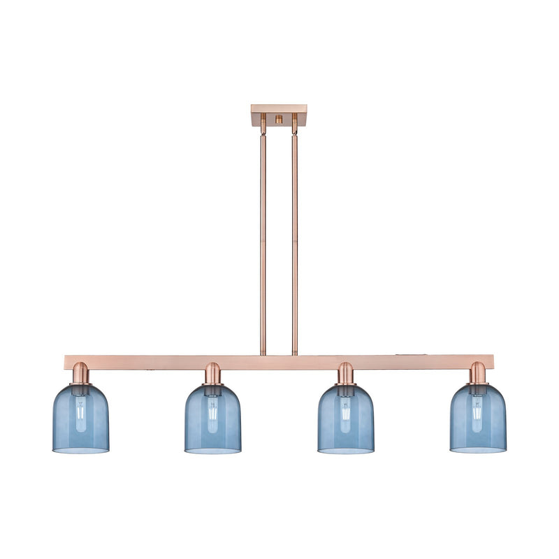 Innovations Bella 48in 4-Light Island Light | Industrial Antique Copper and Blue Glass | Kitchen Island & Dining Room | Model 716-4I-AC-G558-6BL