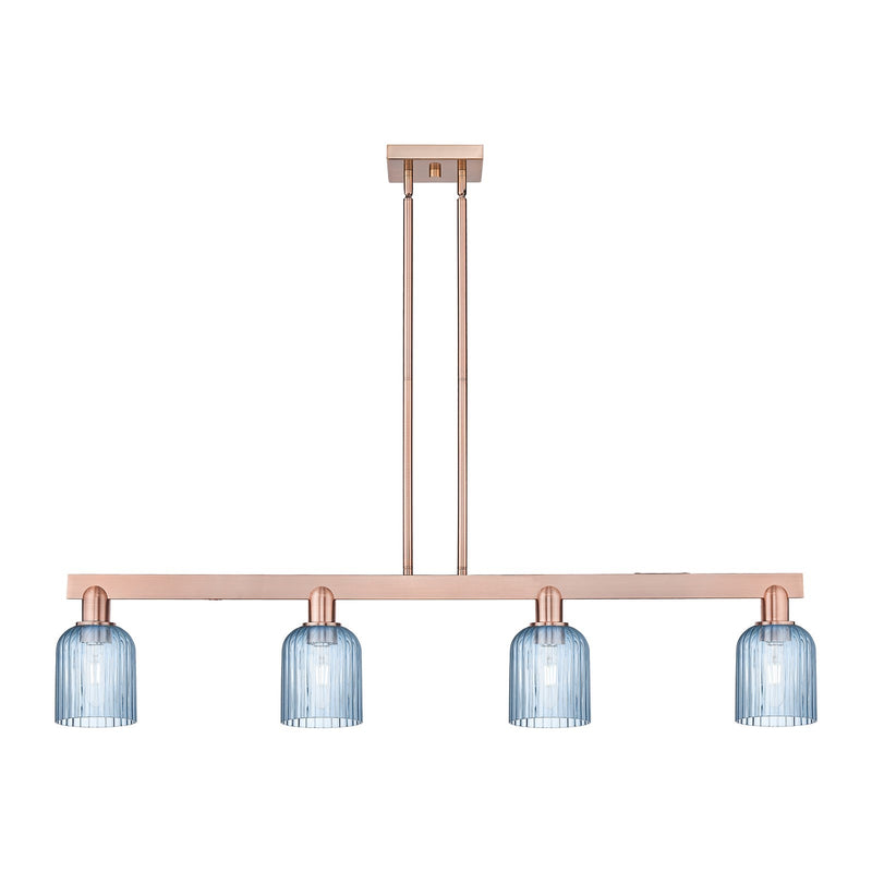 Innovations Bridal Veil 48in 4-Light Island Light | Industrial Antique Copper Steel and Princess Blue Ribbed Glass | Kitchen | Model 716-4I-AC-G559-5BL