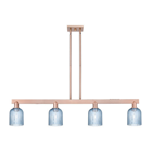 Innovations Bridal Veil 48in 4-Light Island Light | Industrial Antique Copper Steel and Princess Blue Ribbed Glass | Kitchen | Model 716-4I-AC-G559-5BL