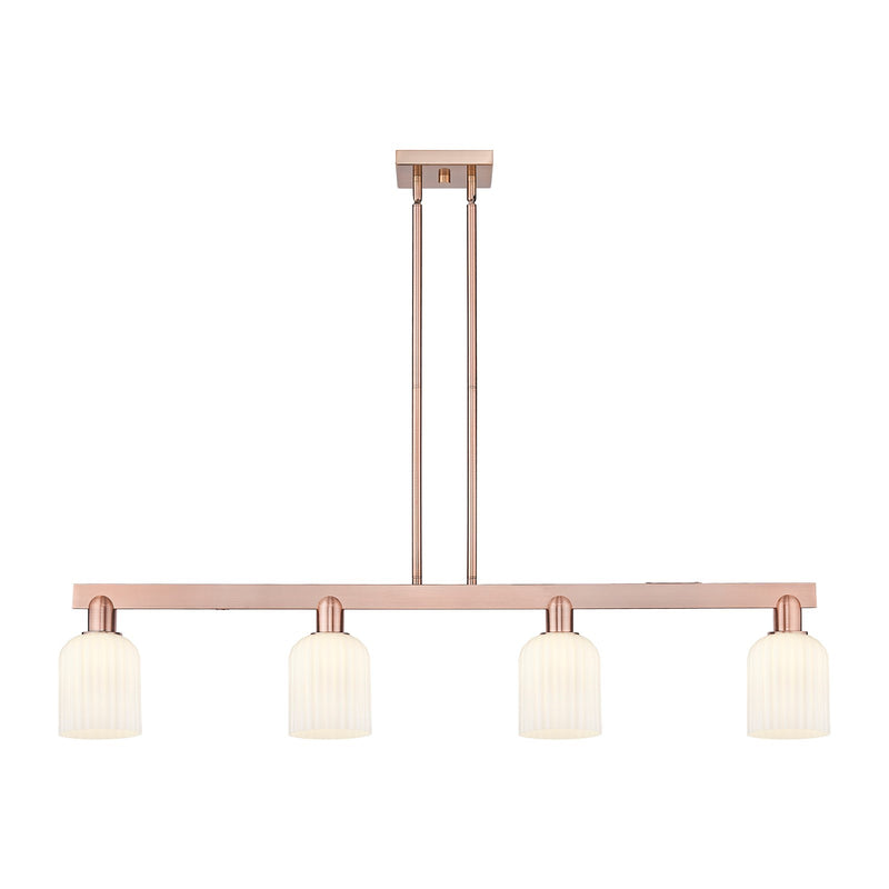 Innovations Bridal Veil 48in 4-Light Island Light | Industrial Antique Copper Steel and Gloss White Ribbed Glass | Kitchen | Model 716-4I-AC-G559-5GWH