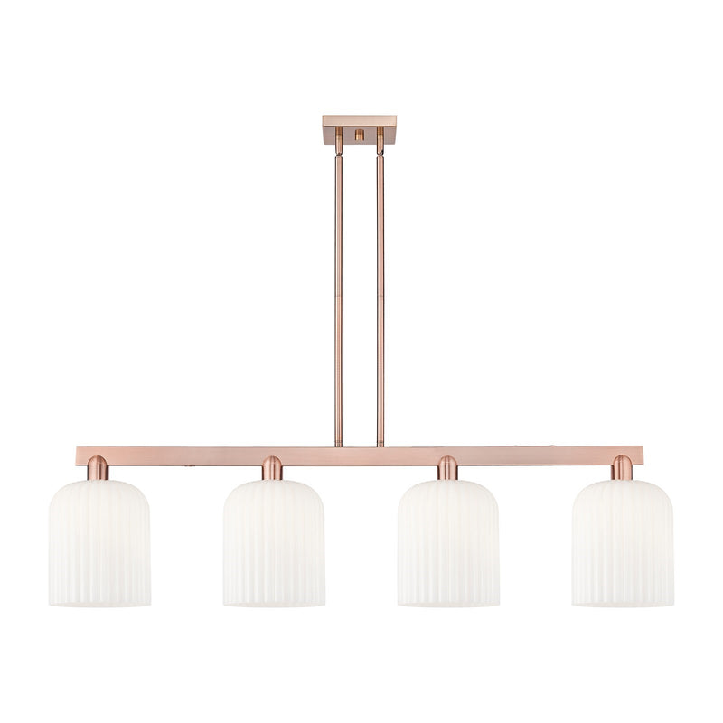 Innovations Bridal Veil 51in 4-Light Island Light | Industrial Antique Copper Steel and Gloss White Ribbed Glass | Kitchen | Model 716-4I-AC-G559-8GWH