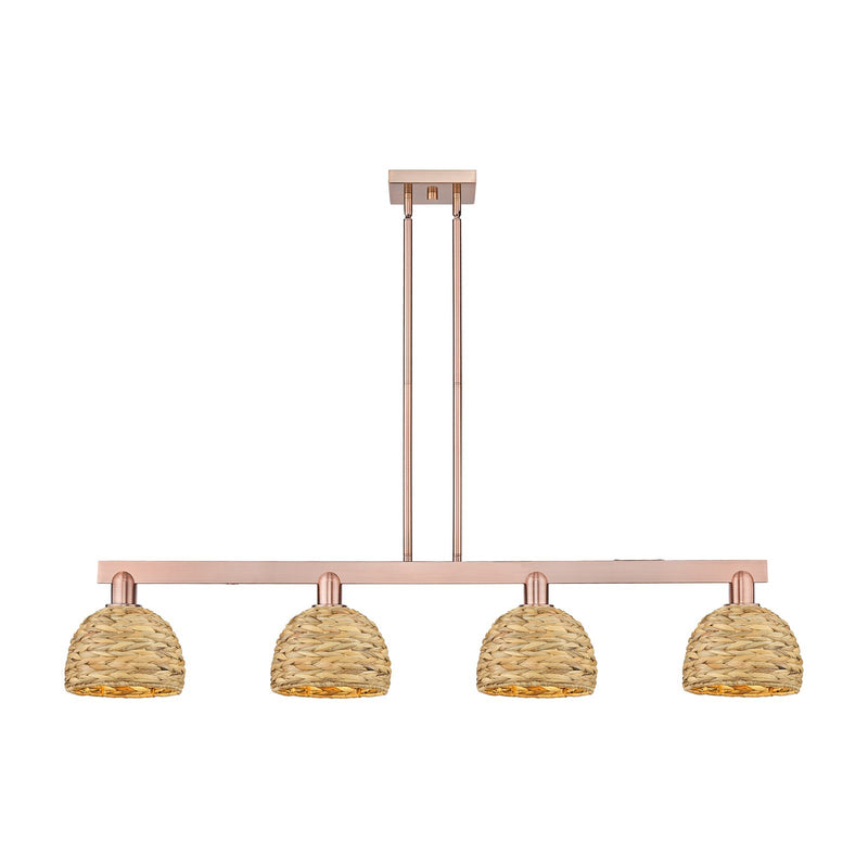 Innovations Arcadia 51in 4-Light Island Light | Industrial Antique Copper Steel and Natural Rattan | Kitchen Island & Dining | Model 716-4I-AC-RBD-8-NAT