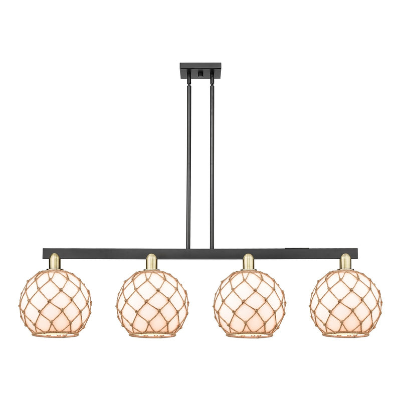 Innovations Farmhouse Rope 53in 4-Light Island Light | Industrial Black Antique Brass Steel and Matte White Glass with Rope | Model 716-4I-BAB-G121-10RB