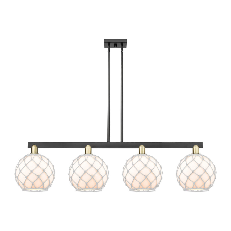 Innovations Farmhouse Rope 53in 4-Light Island Light | Industrial Black Antique Brass Steel and White Glass with Rope Shade | Model 716-4I-BAB-G121-10RW