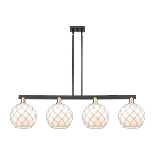 Innovations Farmhouse Rope 53in 4-Light Island Light | Industrial Black Antique Brass Steel and White Glass with Rope Shade | Model 716-4I-BAB-G121-10RW