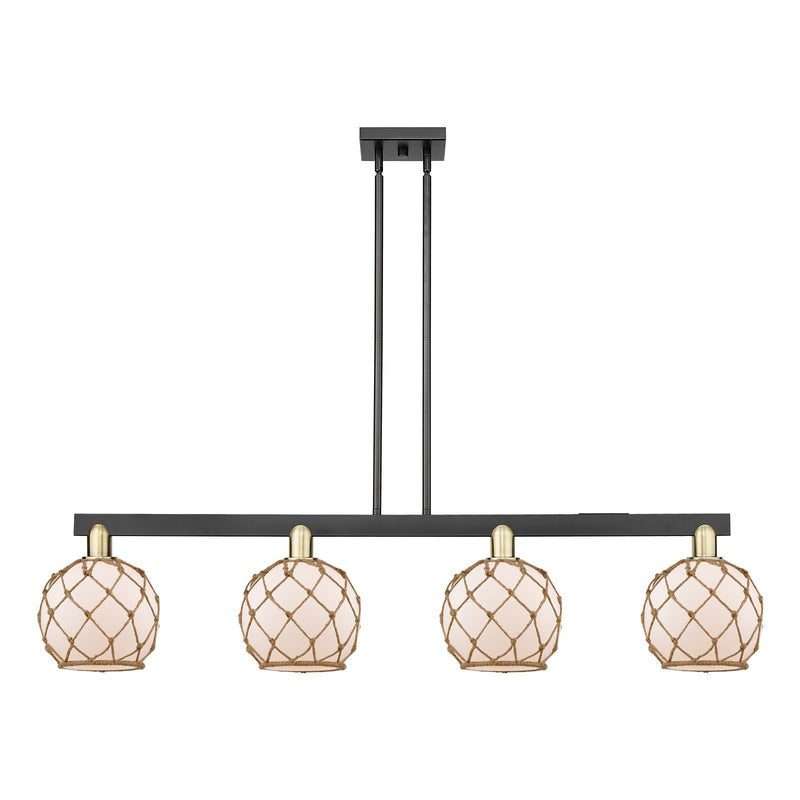 Innovations Farmhouse Rope 51in 4-Light Island Light | Industrial Black Antique Brass and White Frosted Glass with Brown Rope | Model 716-4I-BAB-G121-8RB