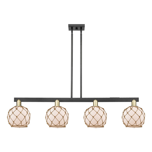 Innovations Farmhouse Rope 51in 4-Light Island Light | Industrial Black Antique Brass and White Frosted Glass with Brown Rope | Model 716-4I-BAB-G121-8RB