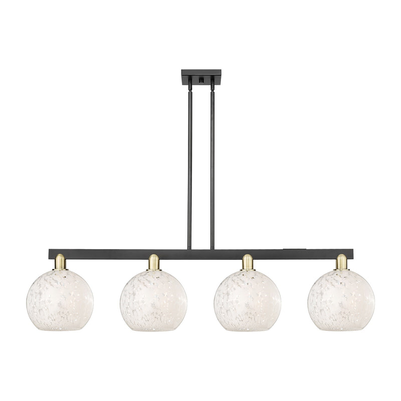 Innovations Lighting White Mouchette 53in 4-Light Island Light | Industrial Black Antique Brass and White Glass | Kitchen | Model 716-4I-BAB-G1216-10WM