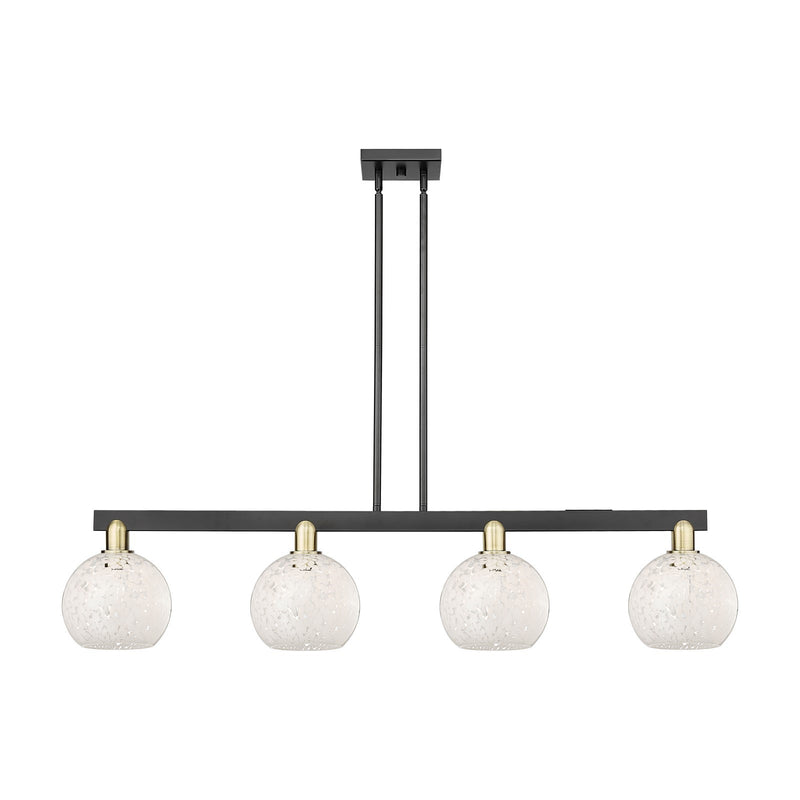 Innovations Lighting White Mouchette 51in 4-Light Island Light | Industrial Black Antique Brass and White Glass | Kitchen | Model 716-4I-BAB-G1216-8WM