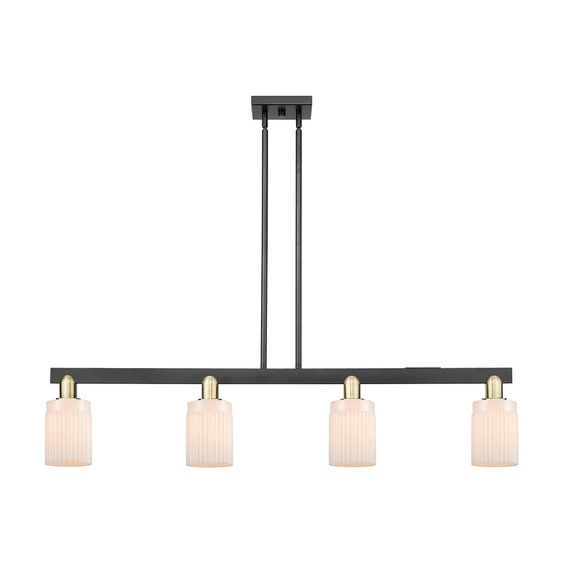 Innovations Hadley 47in 4-Light Island Light | Industrial Black Antique Brass Steel and Matte White Ribbed Glass | Kitchen Island | Model 716-4I-BAB-G341