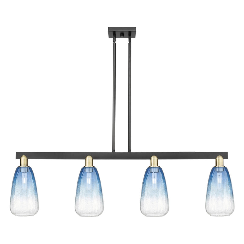 Innovations Brookhaven Almond 48in 4-Light Island Light | Industrial Black Antique Brass and Sapphire Blue Glass | Kitchen | Model 716-4I-BAB-G480-6SB