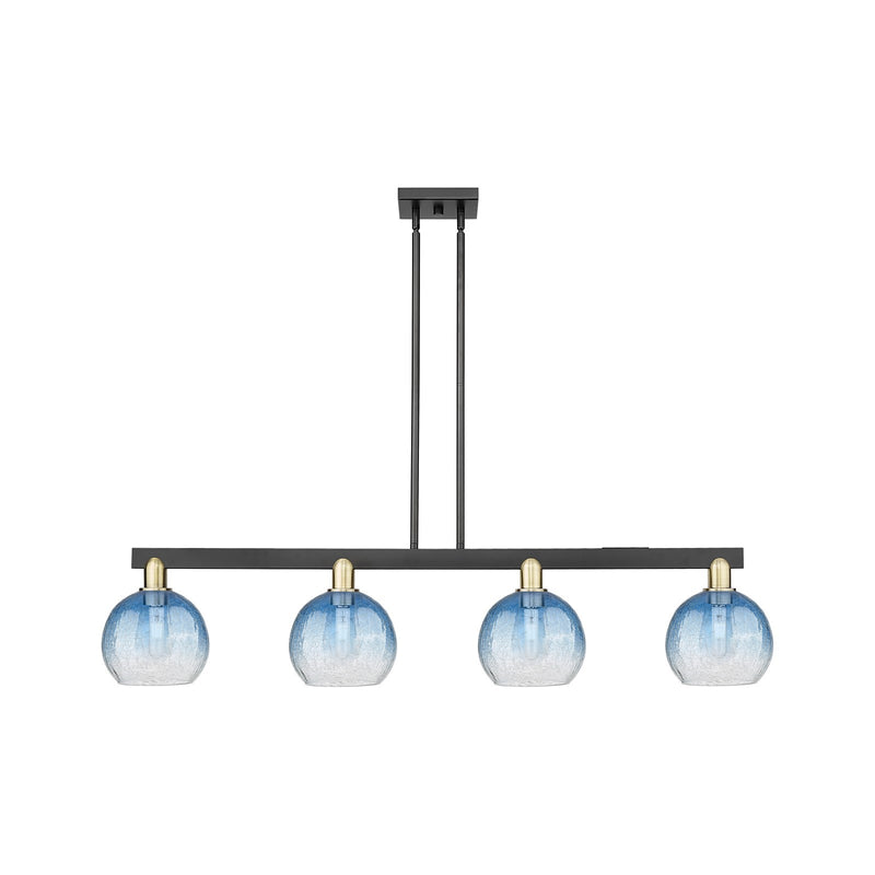 Innovations Brookhaven Globe 48in 4-Light Island Light | Industrial Black Antique Brass and Sapphire Blue Glass | Kitchen | Model 716-4I-BAB-G483-8SB