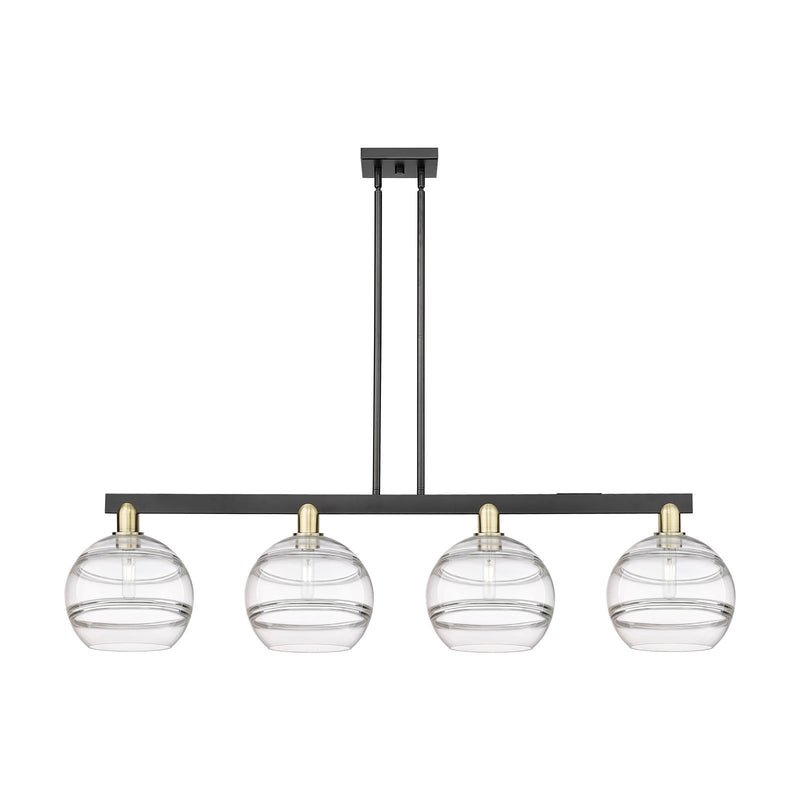 Innovations Rochester 53in 4-Light Island Light | Industrial Black Antique Brass Steel and Clear Glass | Kitchen Island & | Model 716-4I-BAB-G556-10CL