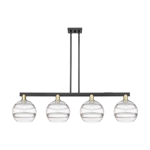 Innovations Rochester 53in 4-Light Island Light | Industrial Black Antique Brass Steel and Clear Glass | Kitchen Island & | Model 716-4I-BAB-G556-10CL