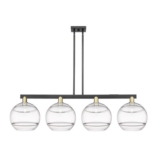 Innovations Rochester 55in 4-Light Island Light | Industrial Black Antique Brass Steel and Clear Glass | Kitchen Island & | Model 716-4I-BAB-G556-12CL