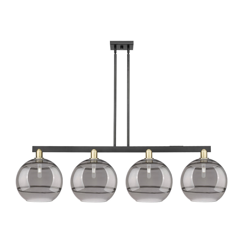 Innovations Rochester 55in 4-Light Island Light | Industrial Black Antique Brass and Light Smoke Glass | Kitchen Island & | Model 716-4I-BAB-G556-12SM