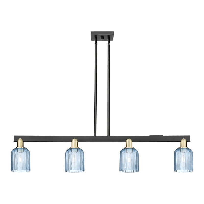 Innovations Bridal Veil 48in 4-Light Island Light | Industrial Black Antique Brass and Princess Blue Ribbed Glass | Kitchen | Model 716-4I-BAB-G559-5BL