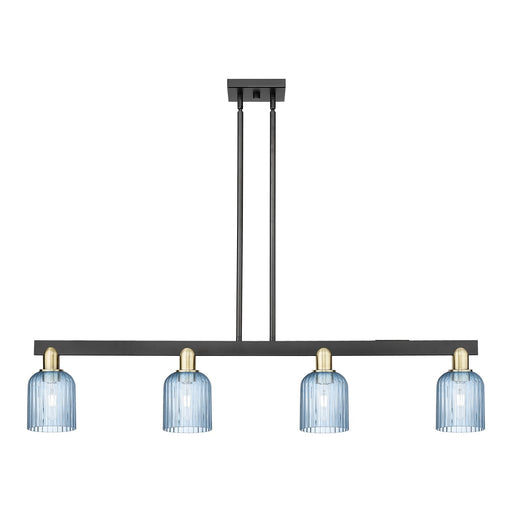 Innovations Bridal Veil 48in 4-Light Island Light | Industrial Black Antique Brass and Princess Blue Ribbed Glass | Kitchen | Model 716-4I-BAB-G559-5BL