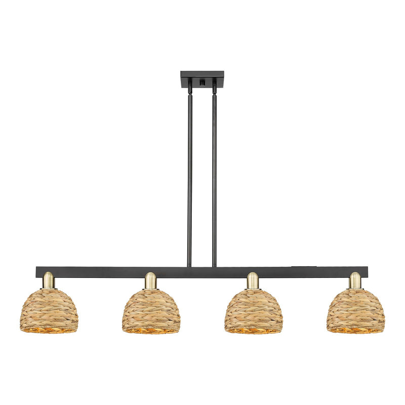 Innovations Arcadia 51in 4-Light Island Light | Industrial Black Antique Brass and Natural Rattan | Kitchen Island & Dining | Model 716-4I-BAB-RBD-8-NAT