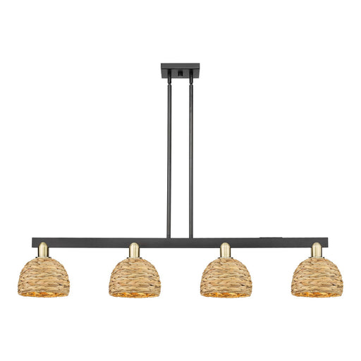 Innovations Arcadia 51in 4-Light Island Light | Industrial Black Antique Brass and Natural Rattan | Kitchen Island & Dining | Model 716-4I-BAB-RBD-8-NAT