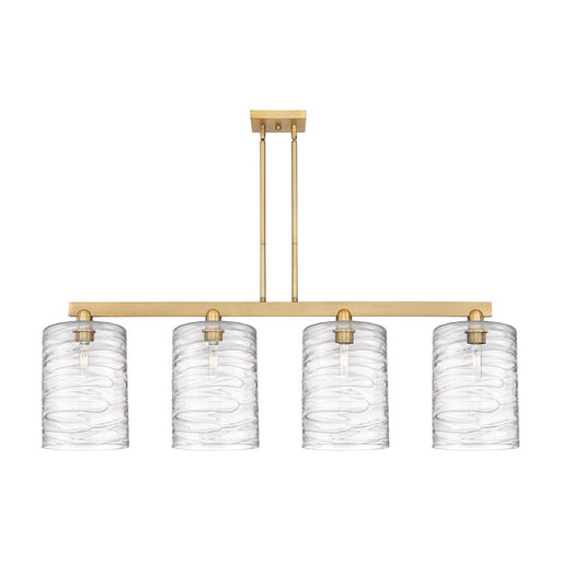 Innovations Cobbleskill 52in 4-Light Island Light | Industrial Brushed Brass Steel and Deco Swirl Clear Glass | Kitchen Island & | Model 716-4I-BB-G1113-L