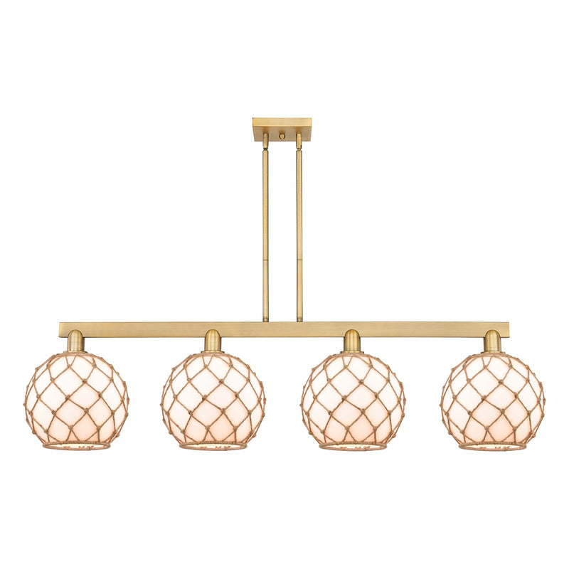 Innovations Farmhouse Rope 53in 4-Light Island Light | Industrial Brushed Brass Steel and Matte White Glass with Rope | Model 716-4I-BB-G121-10RB