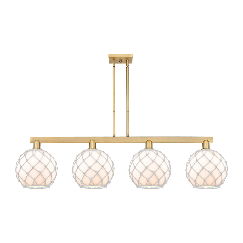 Innovations Farmhouse Rope 53in 4-Light Island Light | Industrial Brushed Brass Steel and White Glass with Rope | Kitchen | Model 716-4I-BB-G121-10RW