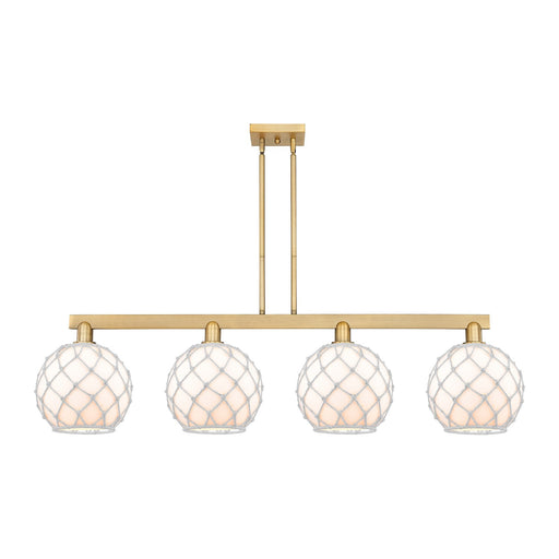 Innovations Farmhouse Rope 53in 4-Light Island Light | Industrial Brushed Brass Steel and White Glass with Rope | Kitchen | Model 716-4I-BB-G121-10RW