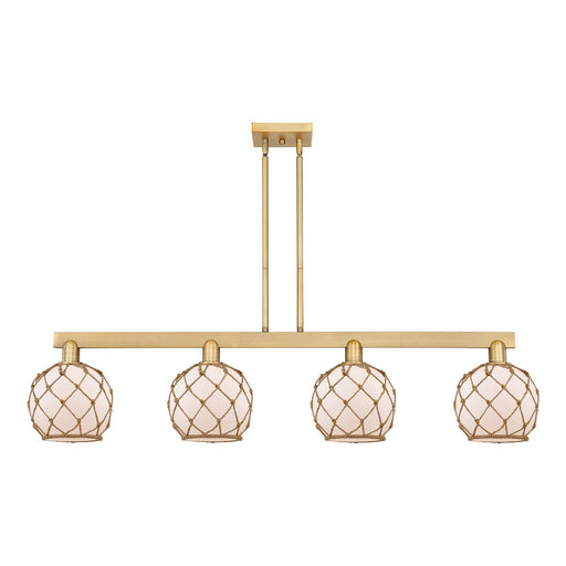 Innovations Farmhouse Rope 51in 4-Light Island Light | Industrial Brushed Brass Steel and White Frosted Glass with Brown Rope | Model 716-4I-BB-G121-8RB