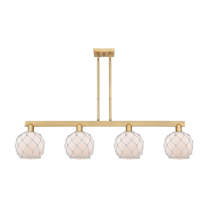 Innovations Farmhouse Rope 51in 4-Light Island Light | Industrial Brushed Brass and White Frosted Glass Rope | Kitchen Island & | Model 716-4I-BB-G121-8RW