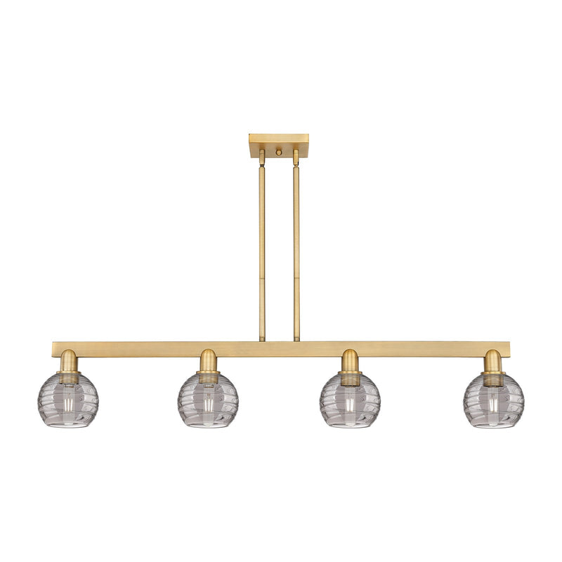 Innovations Athens Deco Swirl 48.625in 4-Light Island Light | Industrial Brushed Brass Steel and Light Smoke Glass | Kitchen | Model 716-4I-BB-G1213-6SM