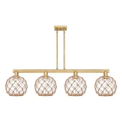 Innovations Farmhouse Rope 53in 4-Light Island Light | Industrial Brushed Brass Steel and Clear Glass with Brown Rope | Model 716-4I-BB-G122-10RB