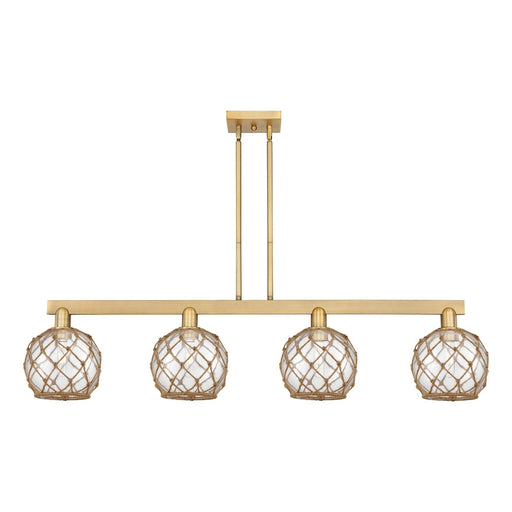 Innovations Farmhouse Rope 51in 4-Light Island Light | Industrial Brushed Brass Steel and Clear Glass with Brown Rope | Kitchen | Model 716-4I-BB-G122-8RB