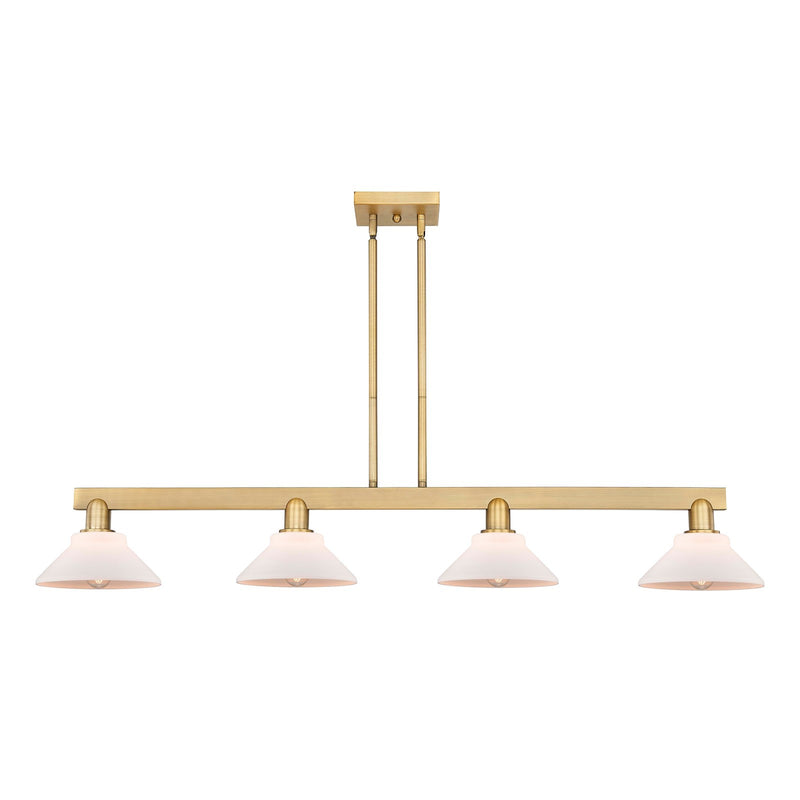 Innovations Orwell 51in 4-Light Island Light | Industrial Brushed Brass Steel and Matte White Glass | Kitchen Island & Dining Room | Model 716-4I-BB-G131