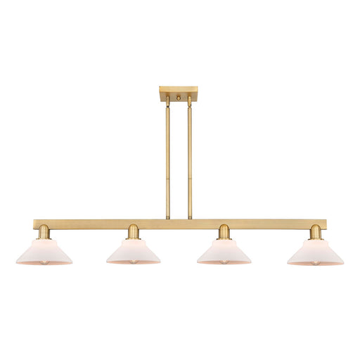 Innovations Orwell 51in 4-Light Island Light | Industrial Brushed Brass Steel and Matte White Glass | Kitchen Island & Dining Room | Model 716-4I-BB-G131