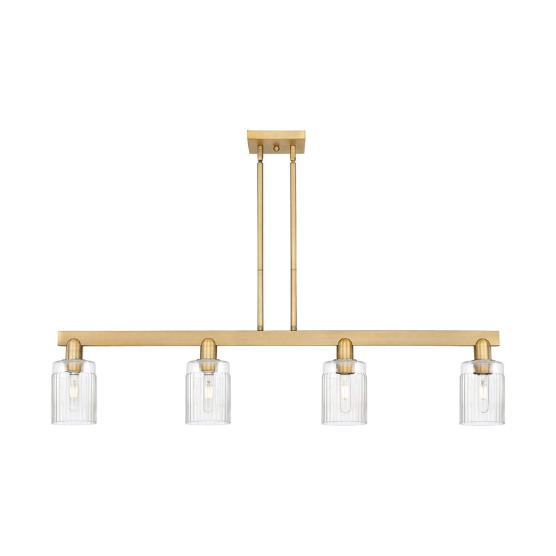 Innovations Hadley 47in 4-Light Island Light | Industrial Brushed Brass Steel and Clear Ribbed Glass | Kitchen Island & Dining Room | Model 716-4I-BB-G342