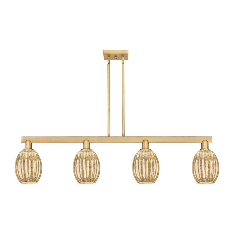 Innovations Preston Bulb 49in 4-Light Island Light | Industrial Brushed Brass Steel and Mercury Glass | Kitchen Island & Dining | Model 716-4I-BB-G459-6ME
