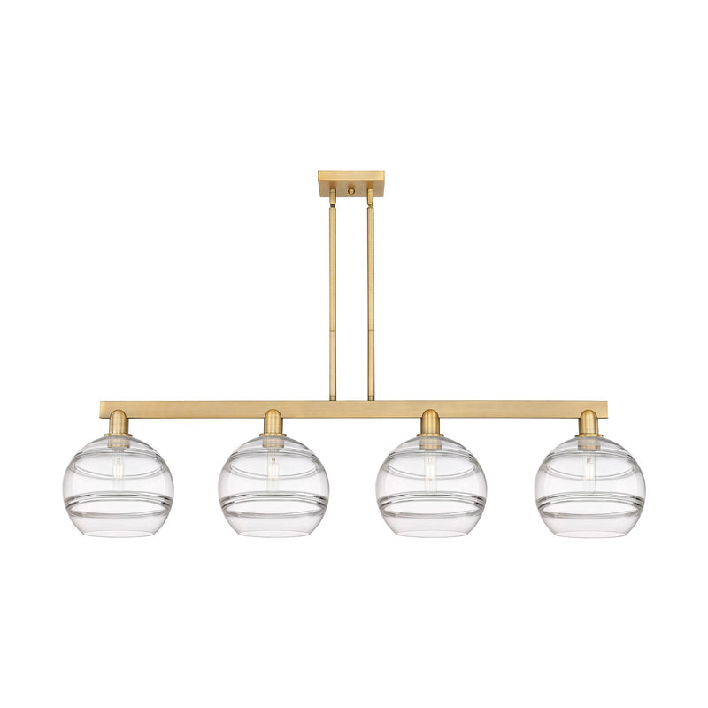 Innovations Rochester 53in 4-Light Island Light | Industrial Brushed Brass Steel and Clear Glass | Kitchen Island & Dining | Model 716-4I-BB-G556-10CL